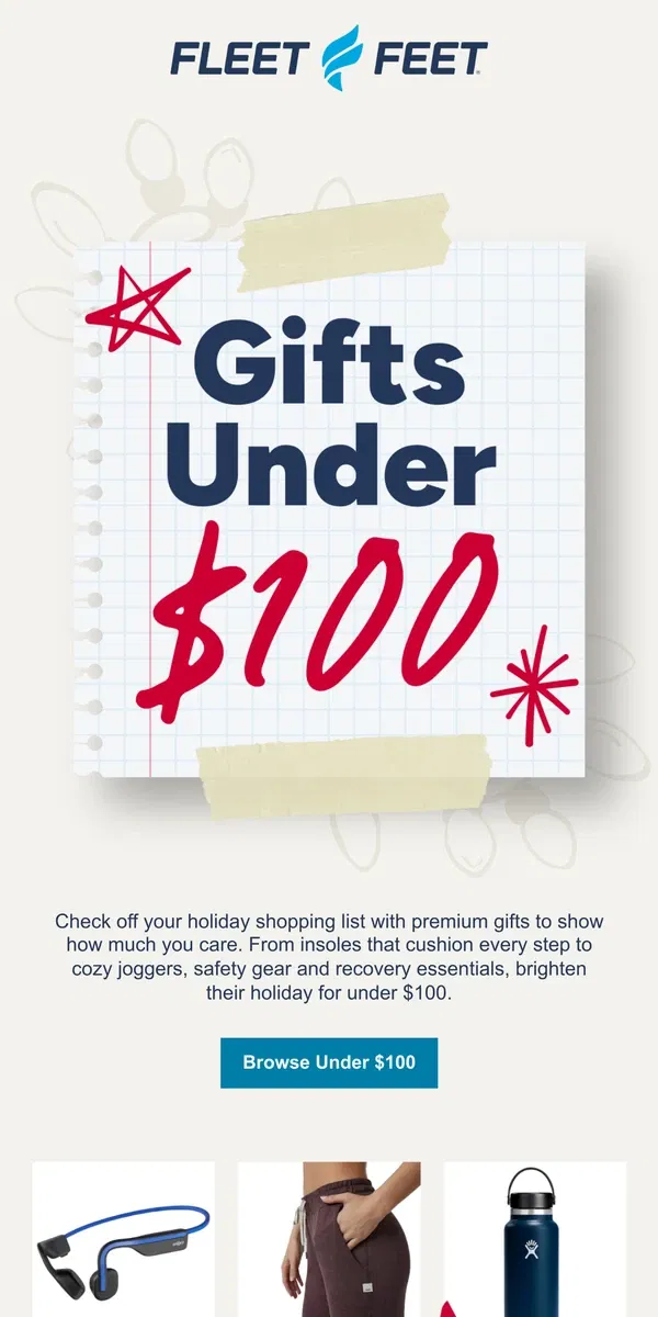 Email from Fleet Feet. Gifts under $100