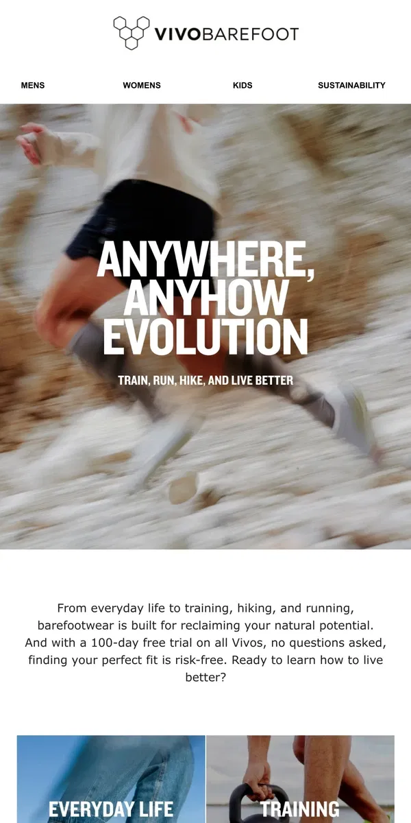 Email from Vivobarefoot. Unlock what you love, barefoot