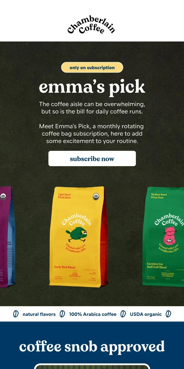 Email from Chamberlain Coffee. meet emma's pick