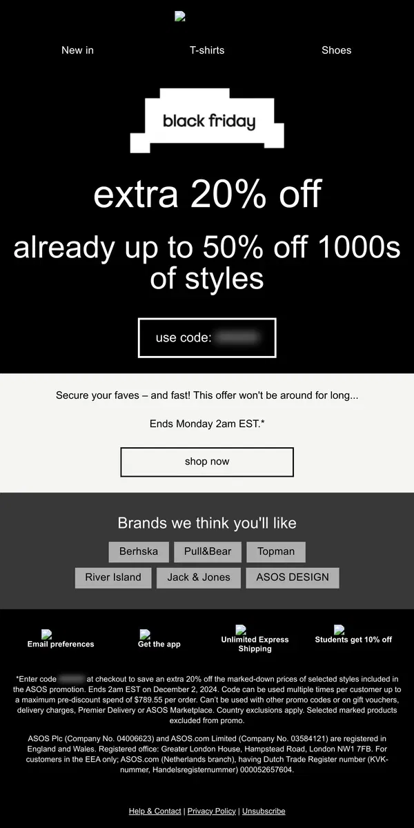 Email from ASOS. Ends soon: up to 50% off 1000s of styles