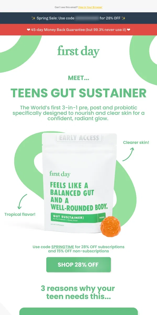 Email from First Day. It's here! Meet Teens Gut Sustainer 🌟