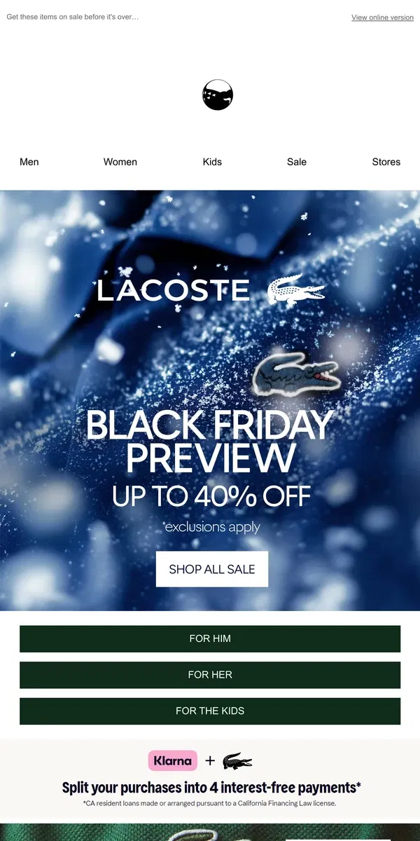 Email from Lacoste. Last Chance for Up to 40% Off!