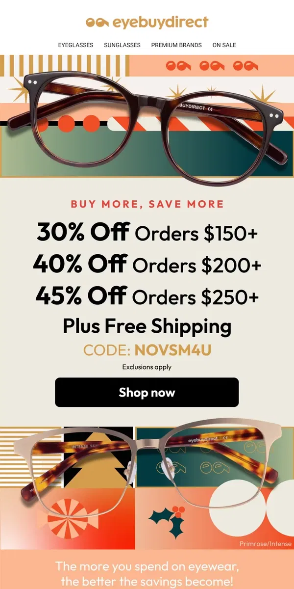 Email from Eyebuydirect. Buy More Eyewear, Save More Money! 🤗💸