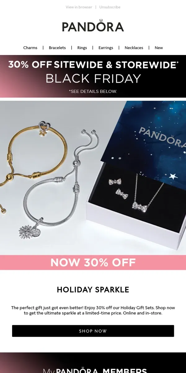 Email from Pandora Jewelry. Now 30% OFF & double points on holiday gift sets