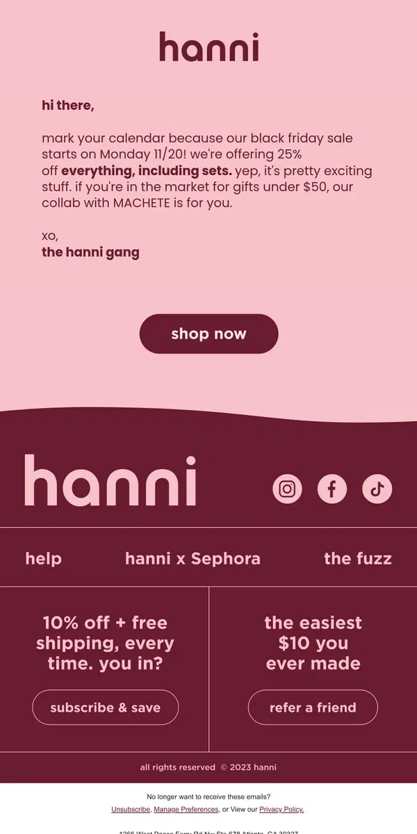 Email from hanni. 25% off is coming