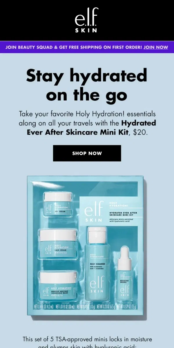 Email from e.l.f.. Quench skin on the go 🧳