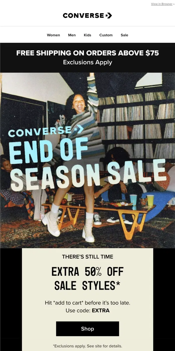 Email from Converse. ⏰ Don’t miss extra 50% OFF sale styles