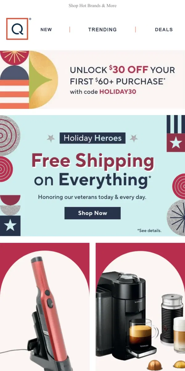 Email from QVC. Combo Free Ship  + Get $30 Off