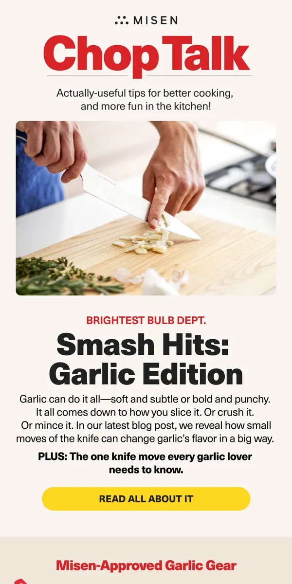 Email from Misen. Garlic Tips: How to Crush It Every Time