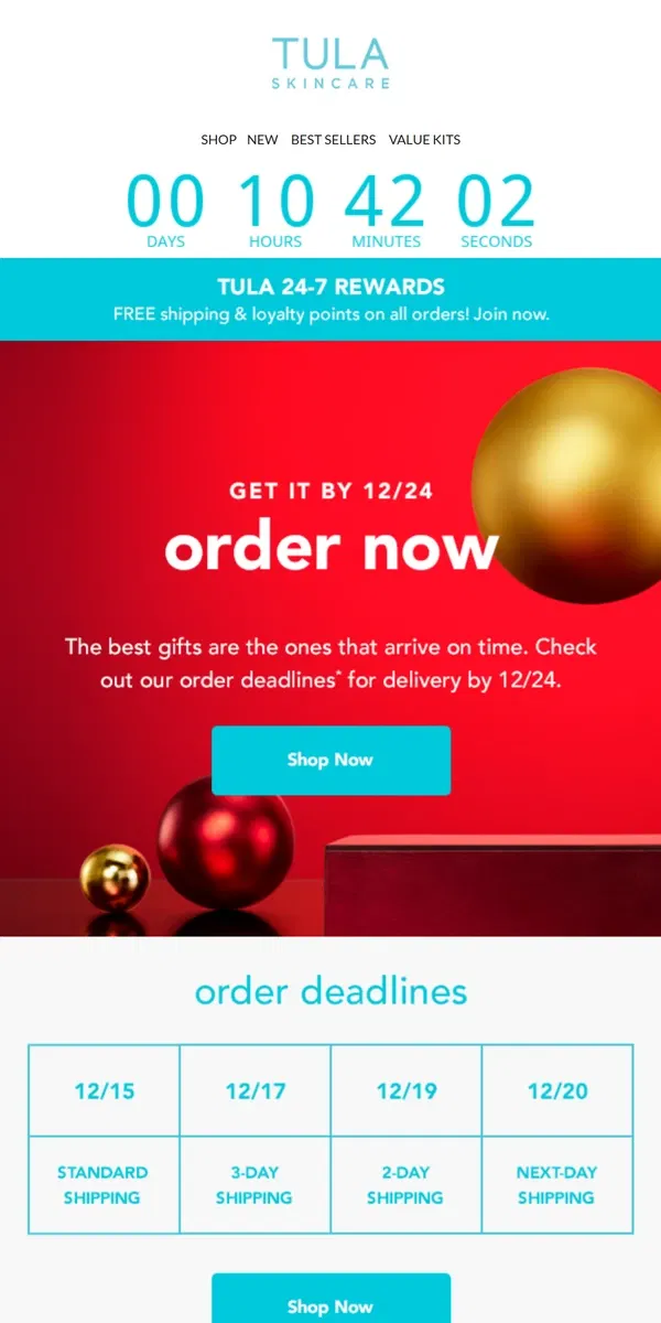 Email from TULA Skincare. PSA: Order by tonight for 12/24 delivery