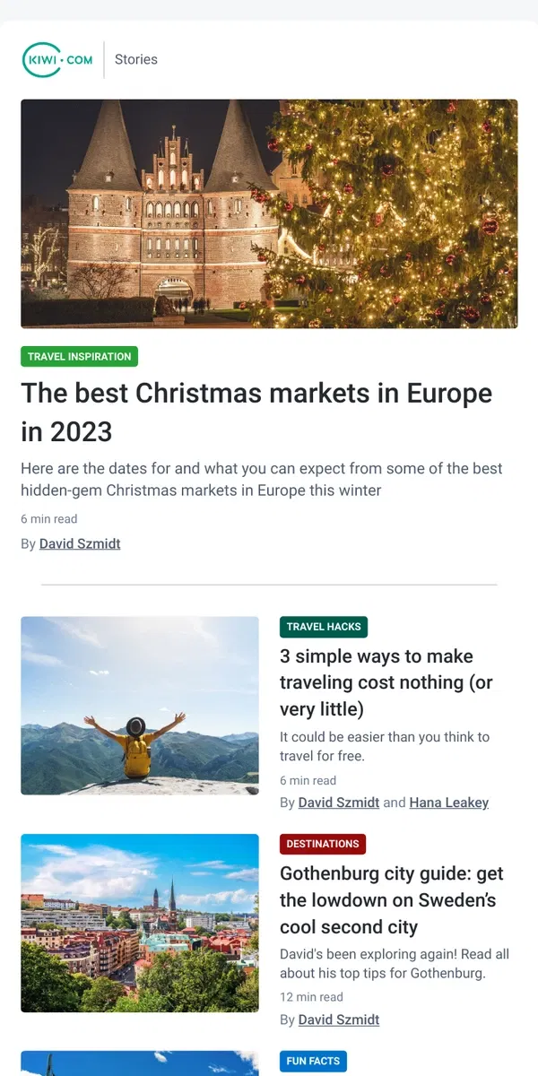 Email from Kiwi.com. These are Europe’s best Christmas markets for 2023 🎄