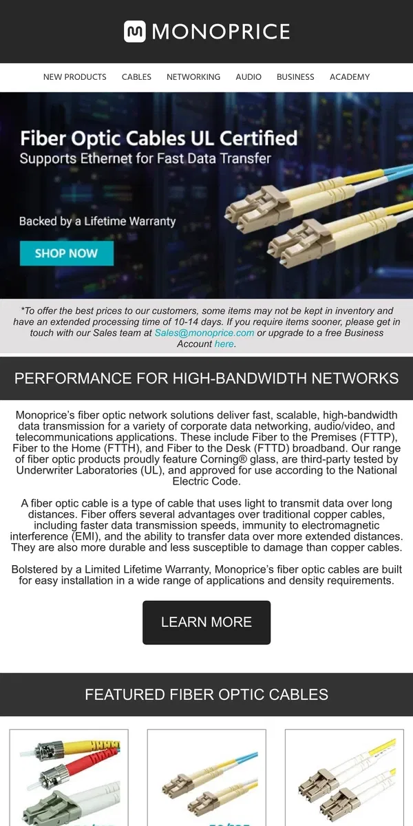 Email from Monoprice. Buy More, Save More! | Fiber Optic Cables (OM3, OM4, OM5, and More!)