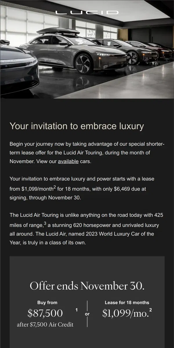 Email from Lucid Motors. Lucid Enthusiast, a special Lucid lease offer for you.