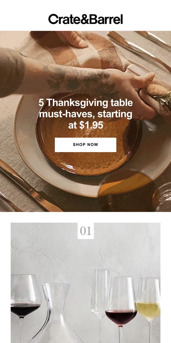 Email from Crate & Barrel. The 5 things your Thanksgiving table needs