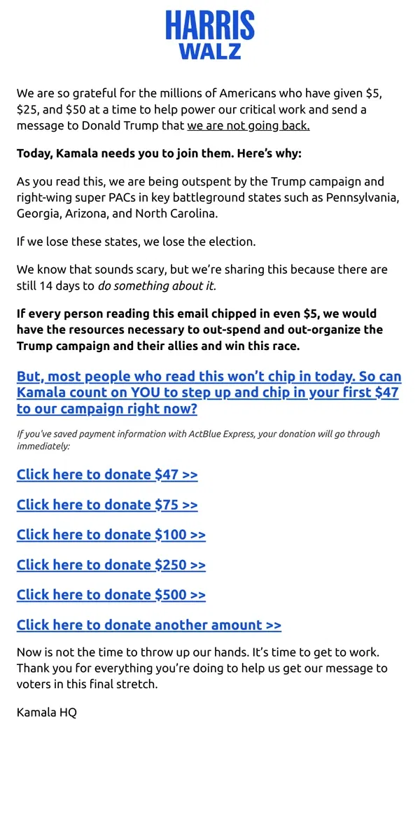 Email from Kamala Harris. If we lose these states, we lose the election.