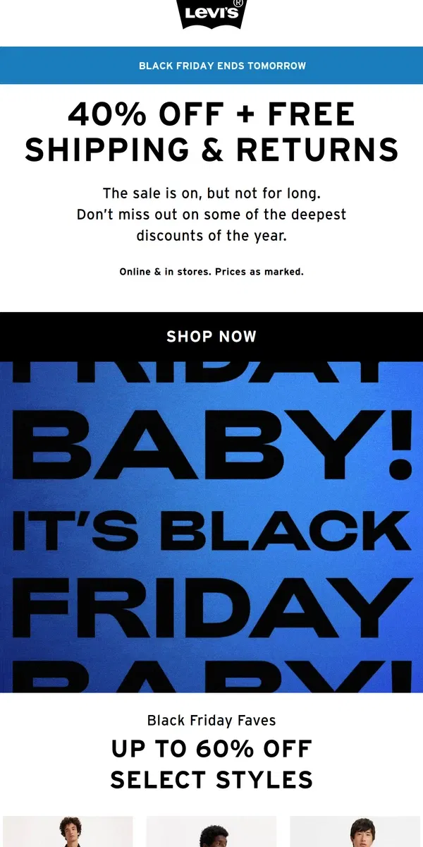 Email from Levi's. 40% off sitewide ends tomorrow