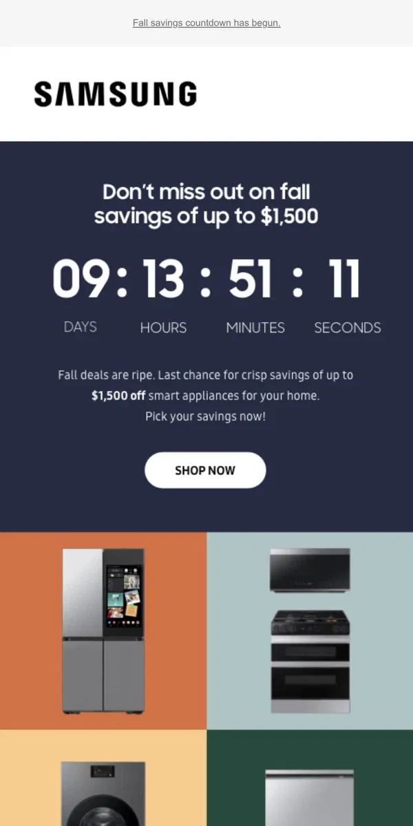 Email from Samsung. [Name], last call for fall — up to $1,500 off home appliances