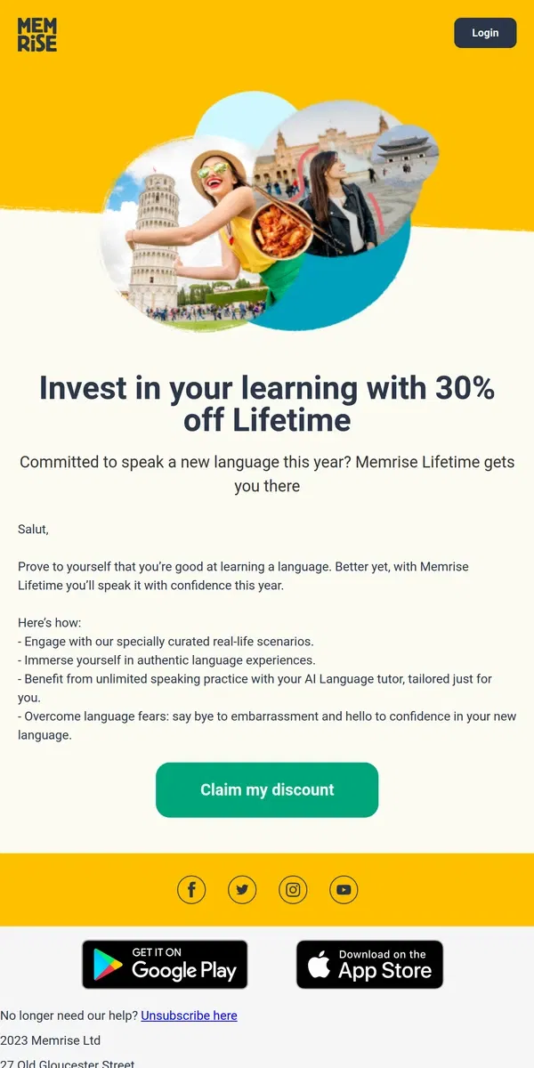 Email from Memrise. Happy 2024! New Year Resolution sale is on, get 30% off Lifetime