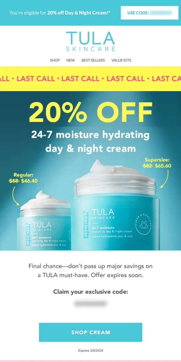 Email from TULA Skincare. FINAL CALL: 20% off 24-7 Day & Night Cream