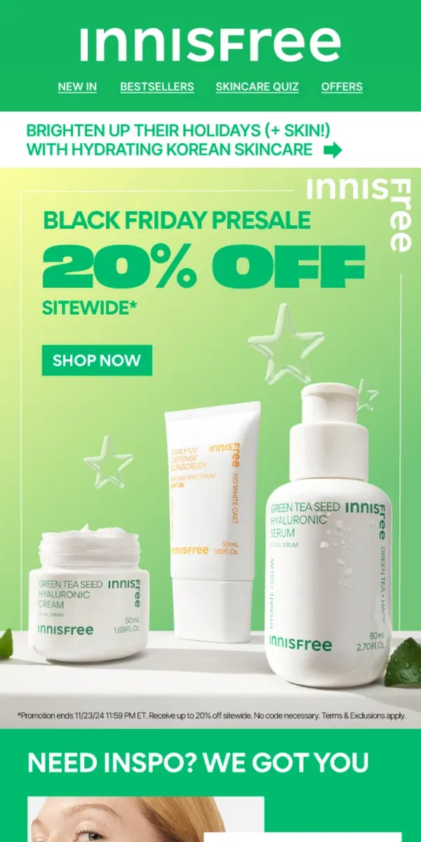 Email from innisfree. Black Friday Presale: 20% OFF!