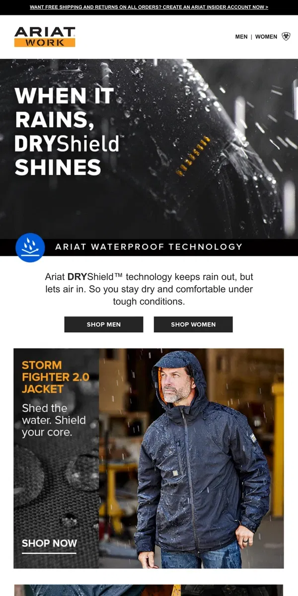 Email from Ariat. Work Gear That Shines in the Rain