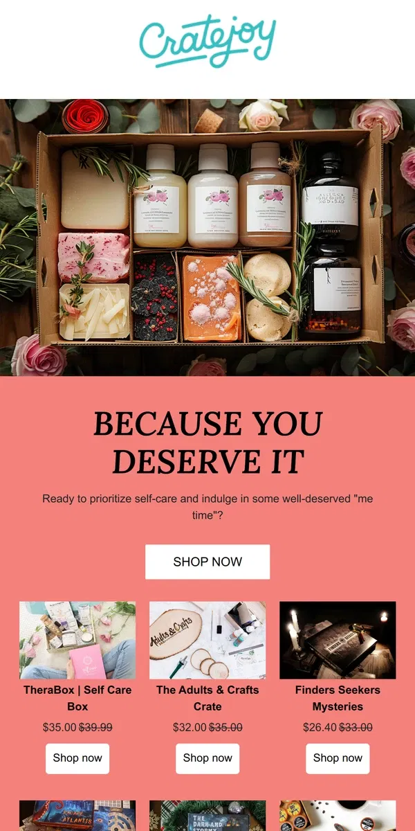 Email from Cratejoy. Treat Yourself: Self-Care Baskets at Cratejoy!