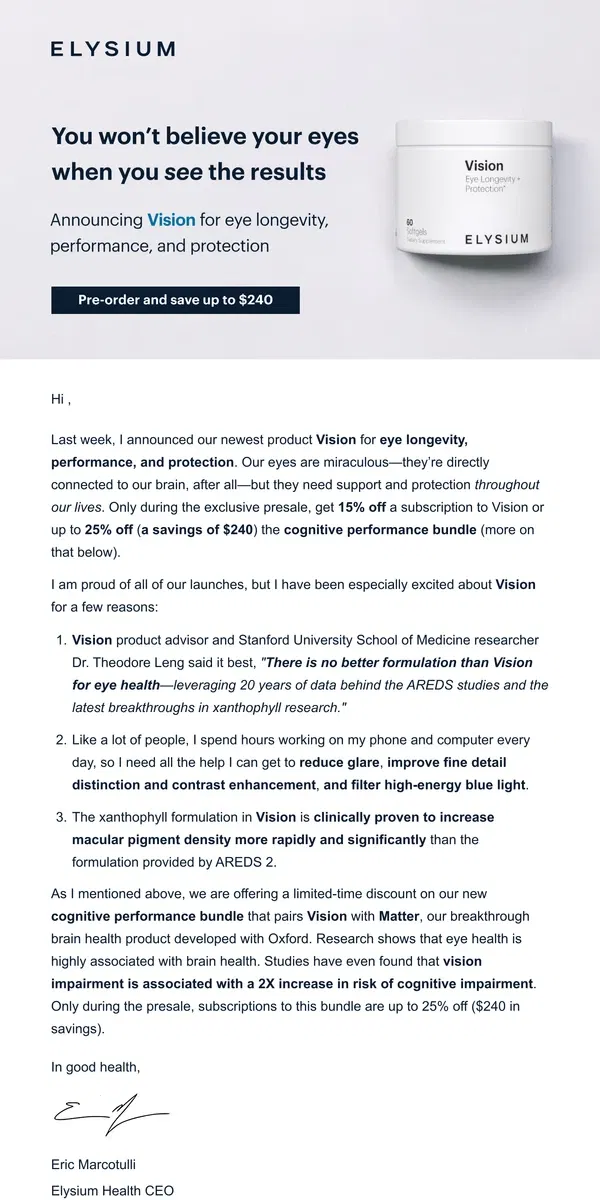 Email from Elysium Health. New product! See the future more clearly with Vision 👀