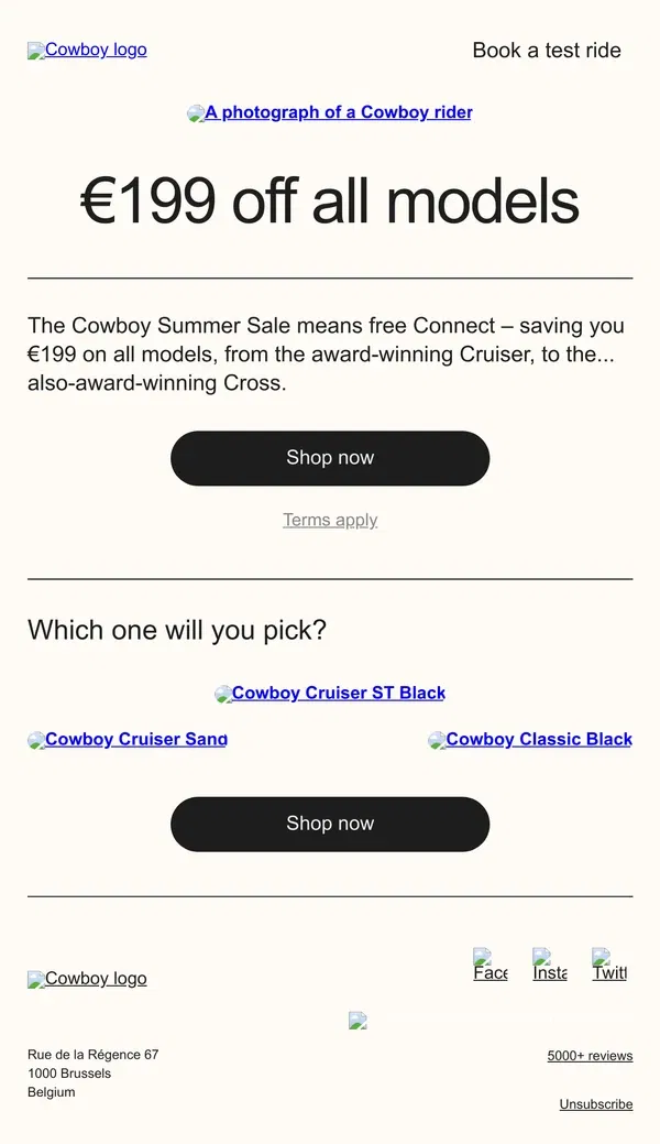 Email from Cowboy. Save €199 on all models