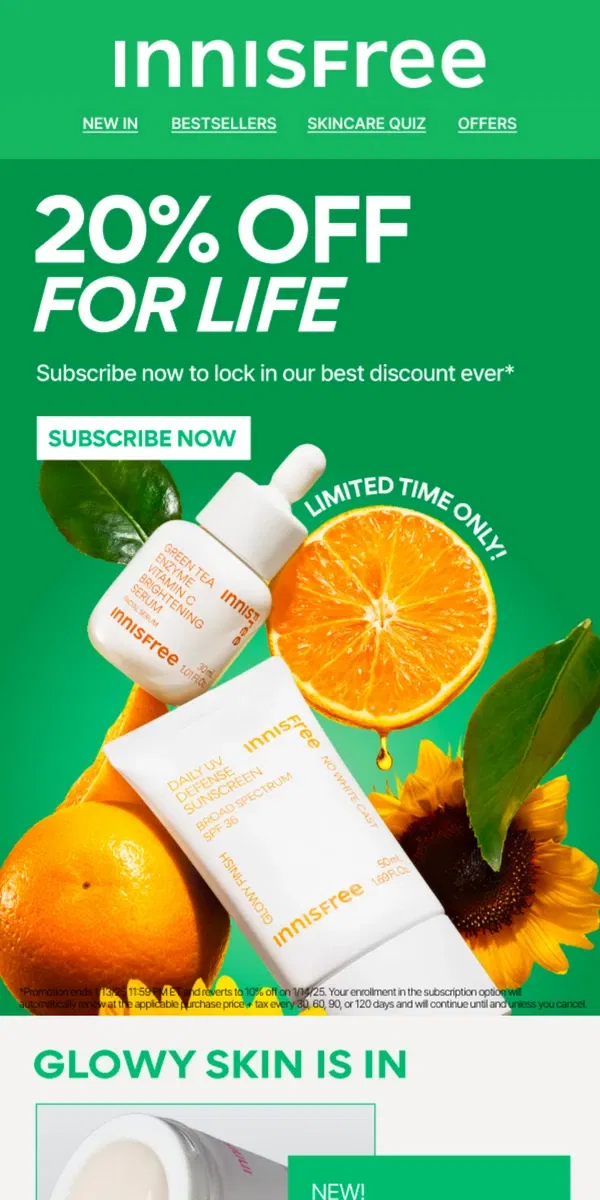 Email from innisfree. Lock in 20% OFF Subscriptions for Life!