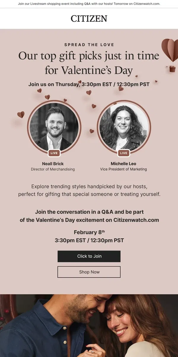 Email from Citizen Watch. Spread the Love: Our Online Valentine’s Gifting Event Is Tomorrow – Join Us!