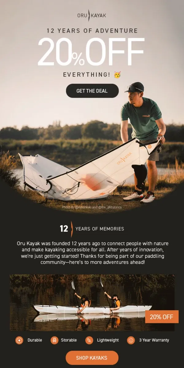 Email from Oru Kayak. 20% Off Sitewide | Oru Anniversary Sale 🧡