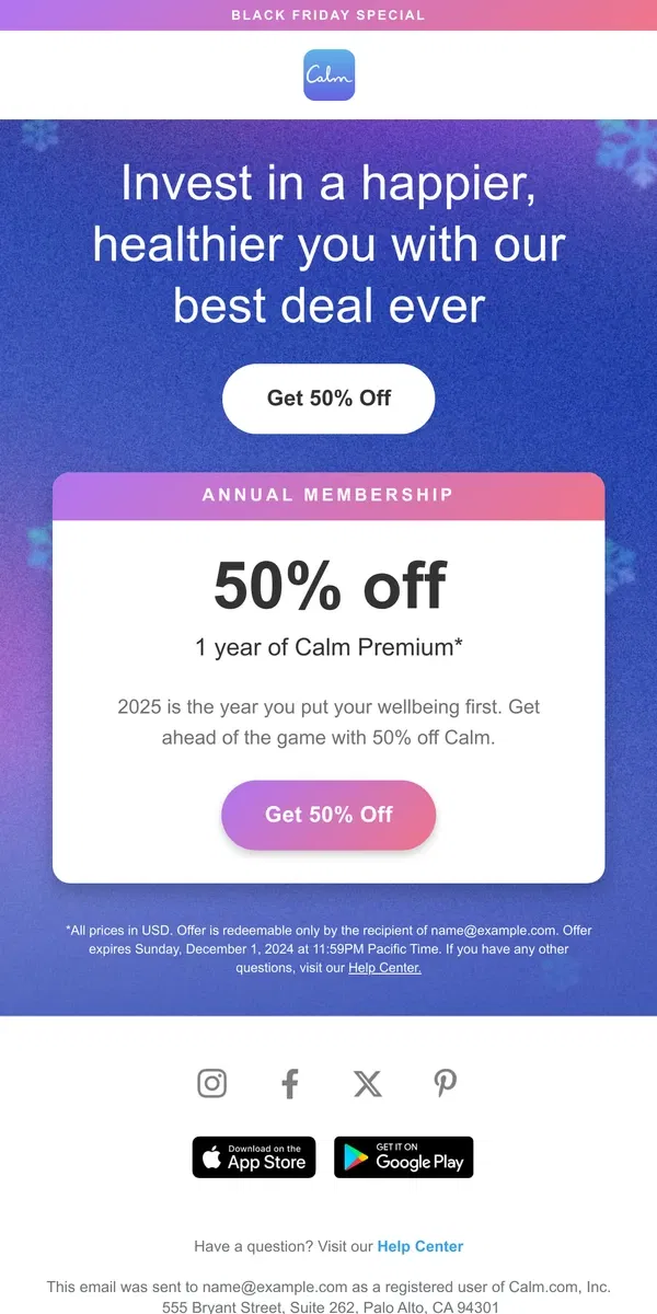 Email from Calm. 🥳 Black Friday special: 50% off