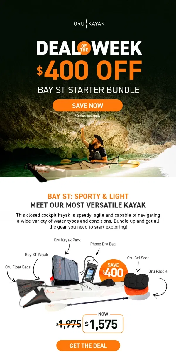 Email from Oru Kayak. New Deal of the Week ⚡ $400 off Bay ST Starter Bundle