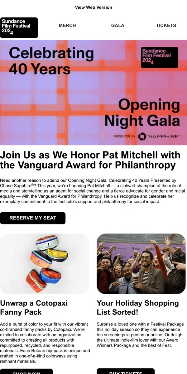 Email from Sundance. Pat Mitchell Joins Honorees at the 2024 Festival Gala