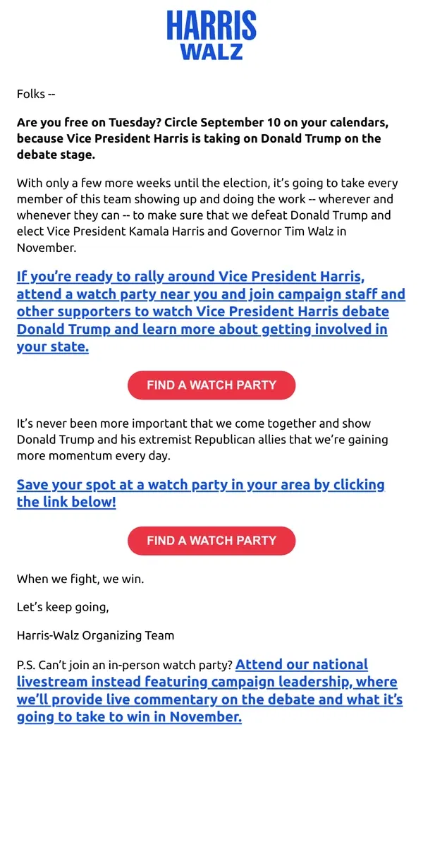 Email from Kamala Harris. Join a debate watch party near you and show your support for Vice President Harris!