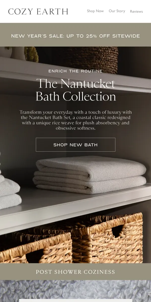 Email from Cozy Earth. Introducing The Nantucket Bath Collection