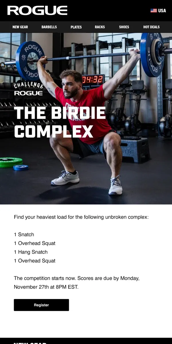 Email from Rogue Fitness. The Birdie Complex Starts Now - Register and Submit Your Score