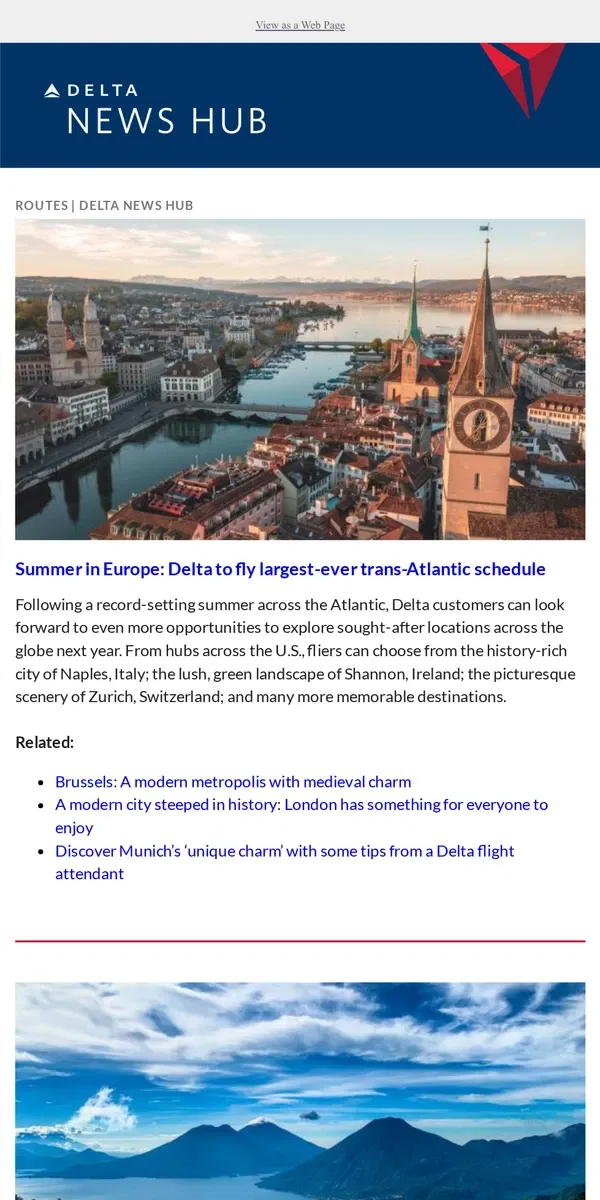 Email from Delta Air Lines. Route roundup: Plan your next trip with Delta's new and returning flights