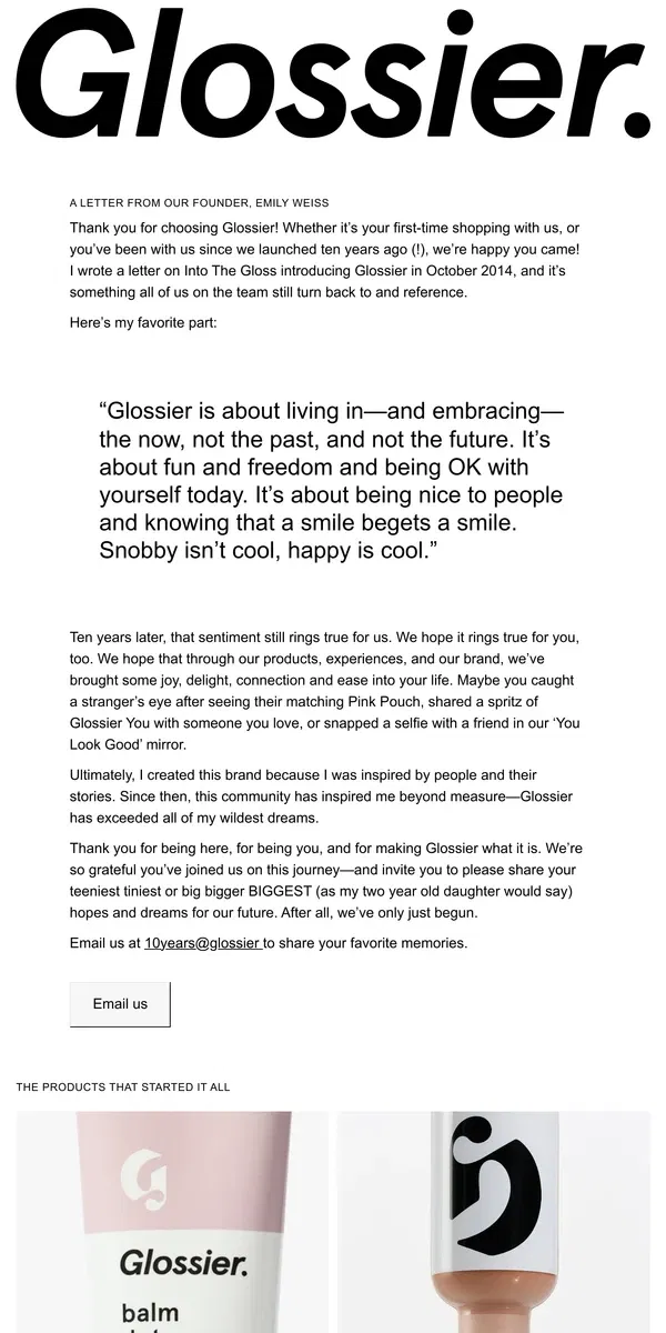 Email from Glossier. A letter from our founder