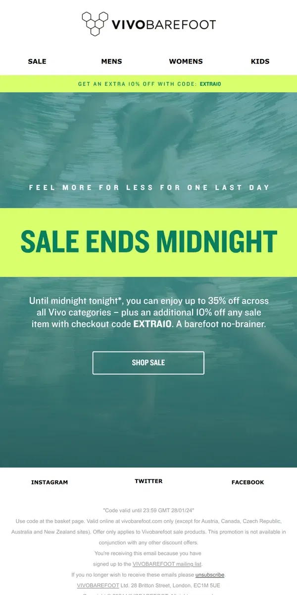 Email from Vivobarefoot. Sale ends at midnight tonight!