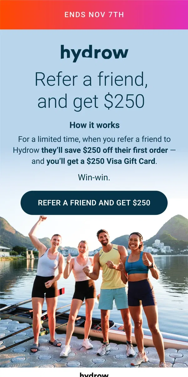 Email from Hydrow. Offer ends soon: Start referring today