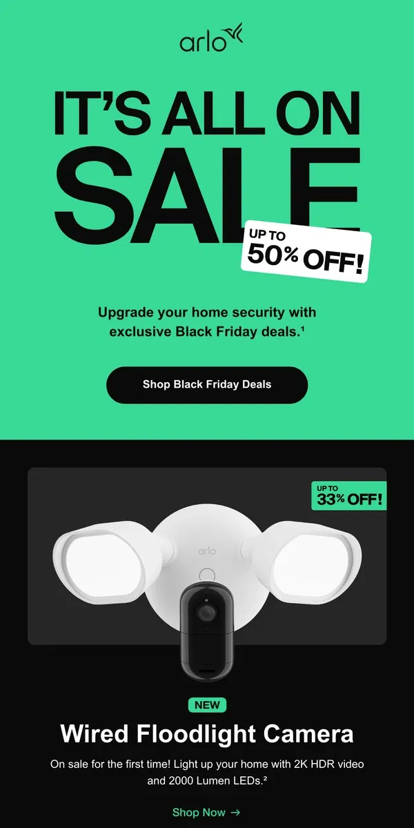 Email from Arlo. Black Friday savings on our best-selling cameras!