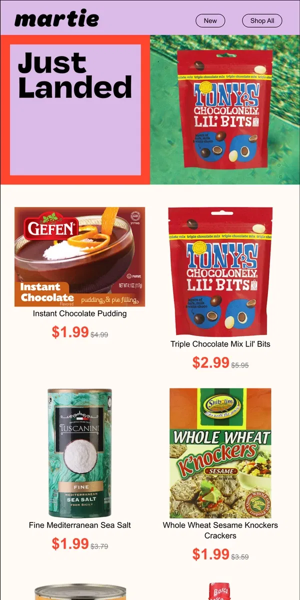 Email from Martie. ✨ Tony's Chocolonely, Pacific Foods, Sardines, Brown Rice Noodles...and more!