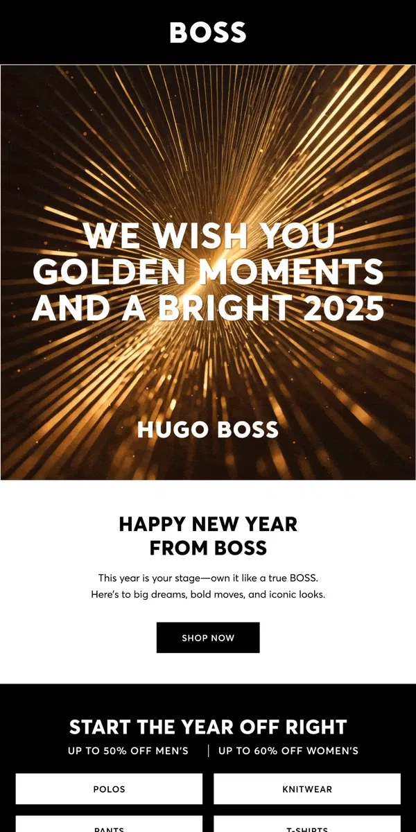 Email from HUGO BOSS. Cheers to 2025 - And the Style It Brings