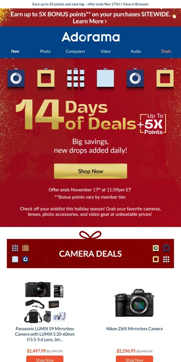 Email from Adorama. 14 Days of Deals: Top Savings on Cameras, Lenses & More!