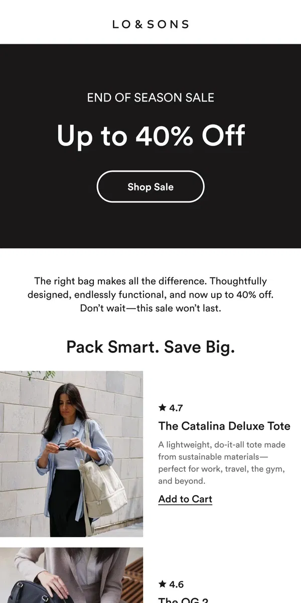 Email from Lo & Sons. Pack Smart. Save Big. Up to 40% Off.