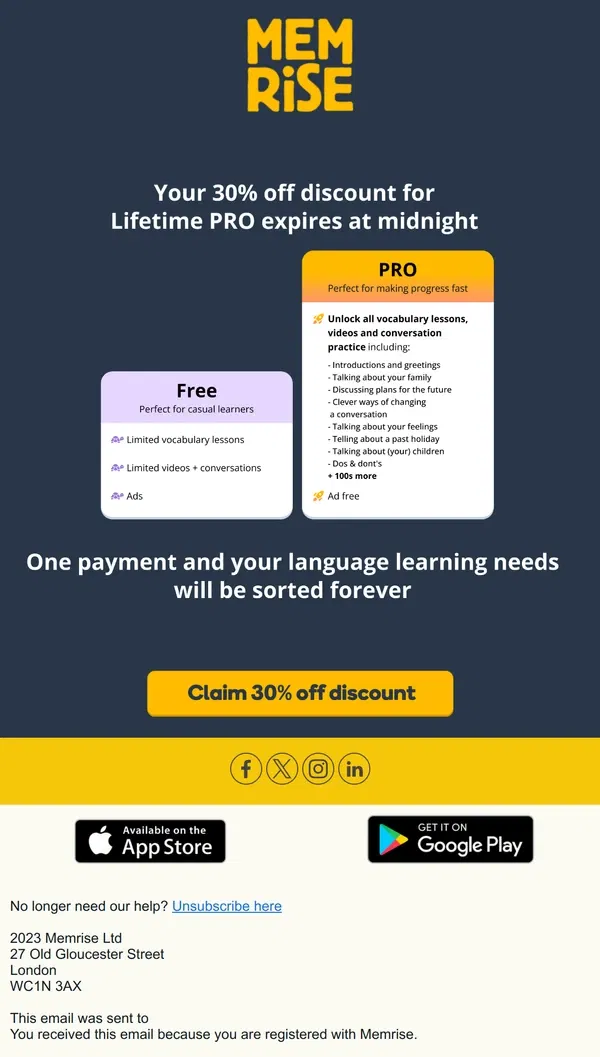 Email from Memrise. ⏰ Only a few hours left to save up to 30% on Lifetime PRO