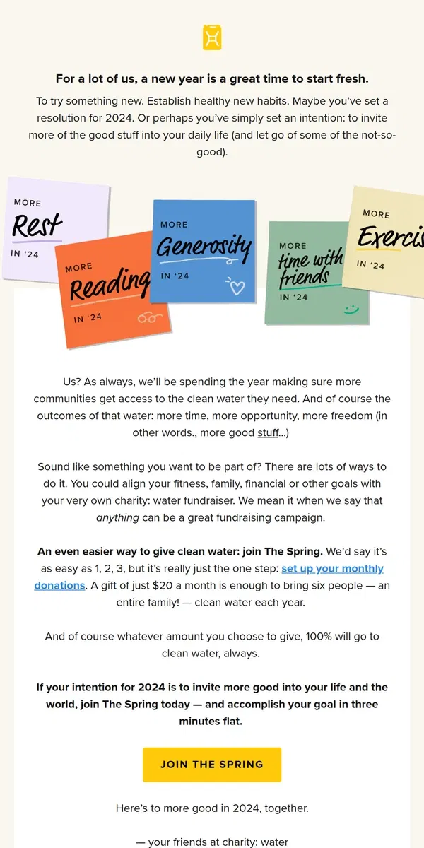 Email from charity: water. Achieve your goal in three minutes flat.