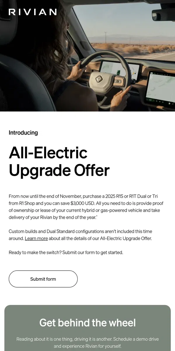 Email from Rivian. A Halloween treat for you: Switch to all-electric and get $3,000 USD