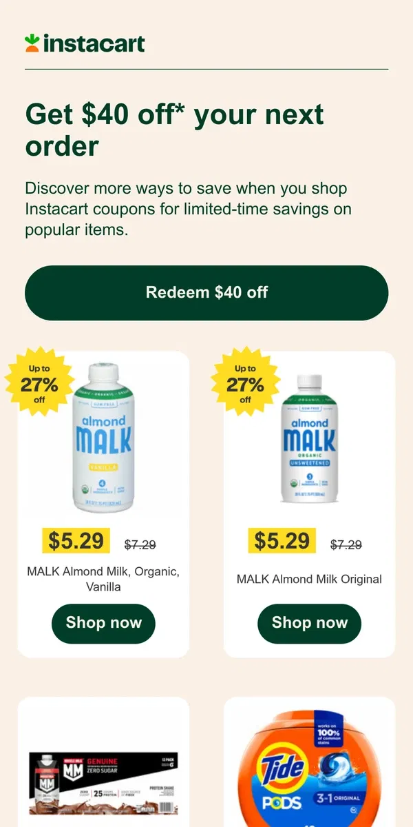 Email from Instacart. 🎉 Get $40 off your first order!